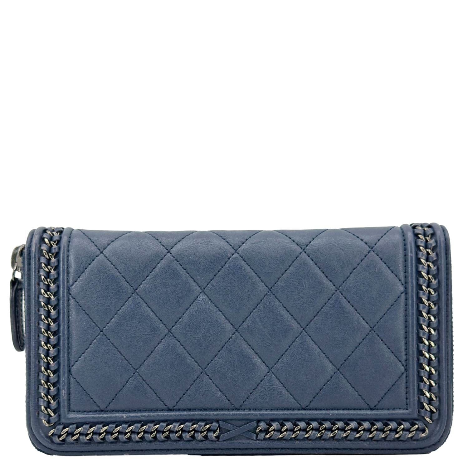 Chanel Boy Quilted Calfskin Leather Zip Around Wallet Blue
