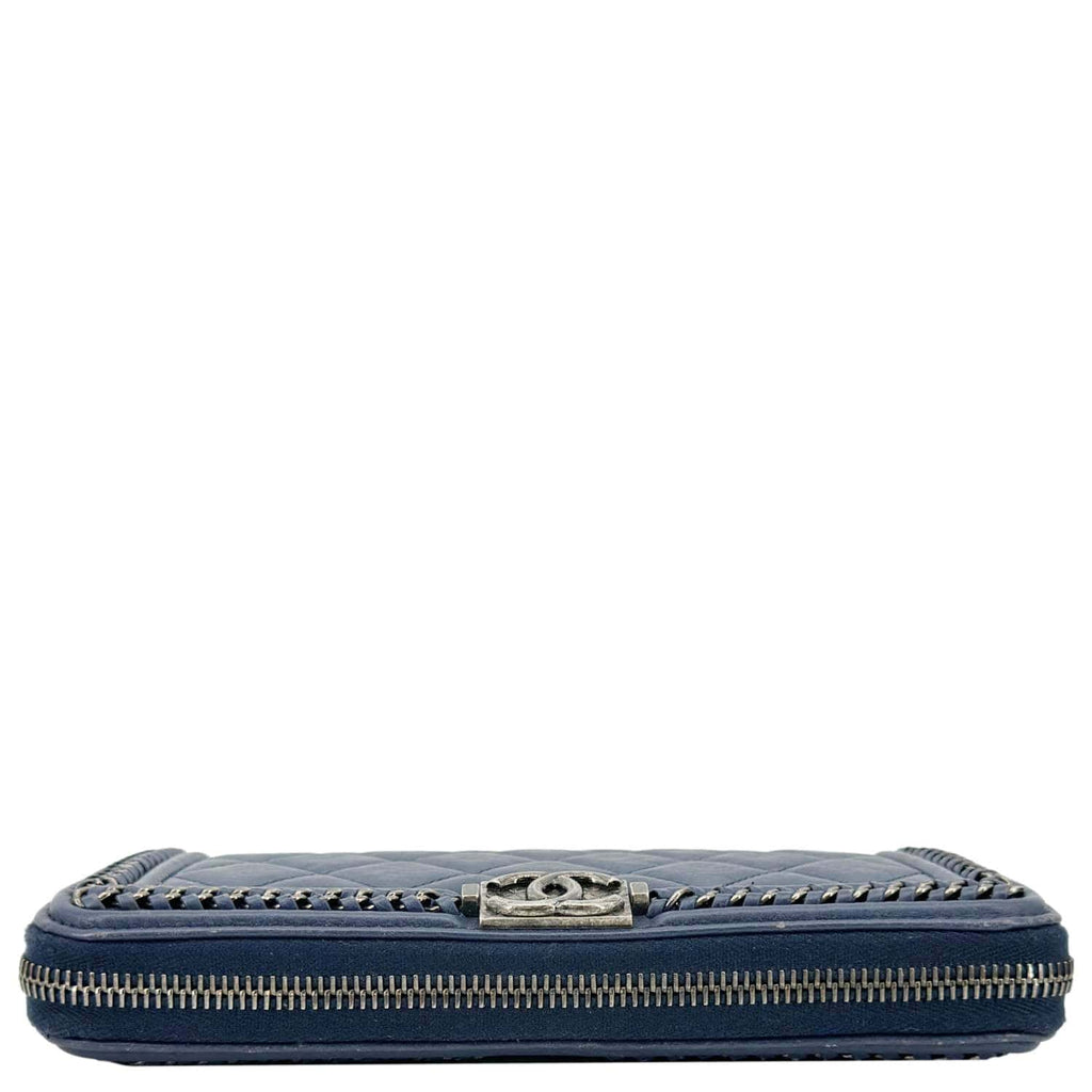 Chanel Boy Quilted Calfskin Leather Zip Around Wallet Blue
