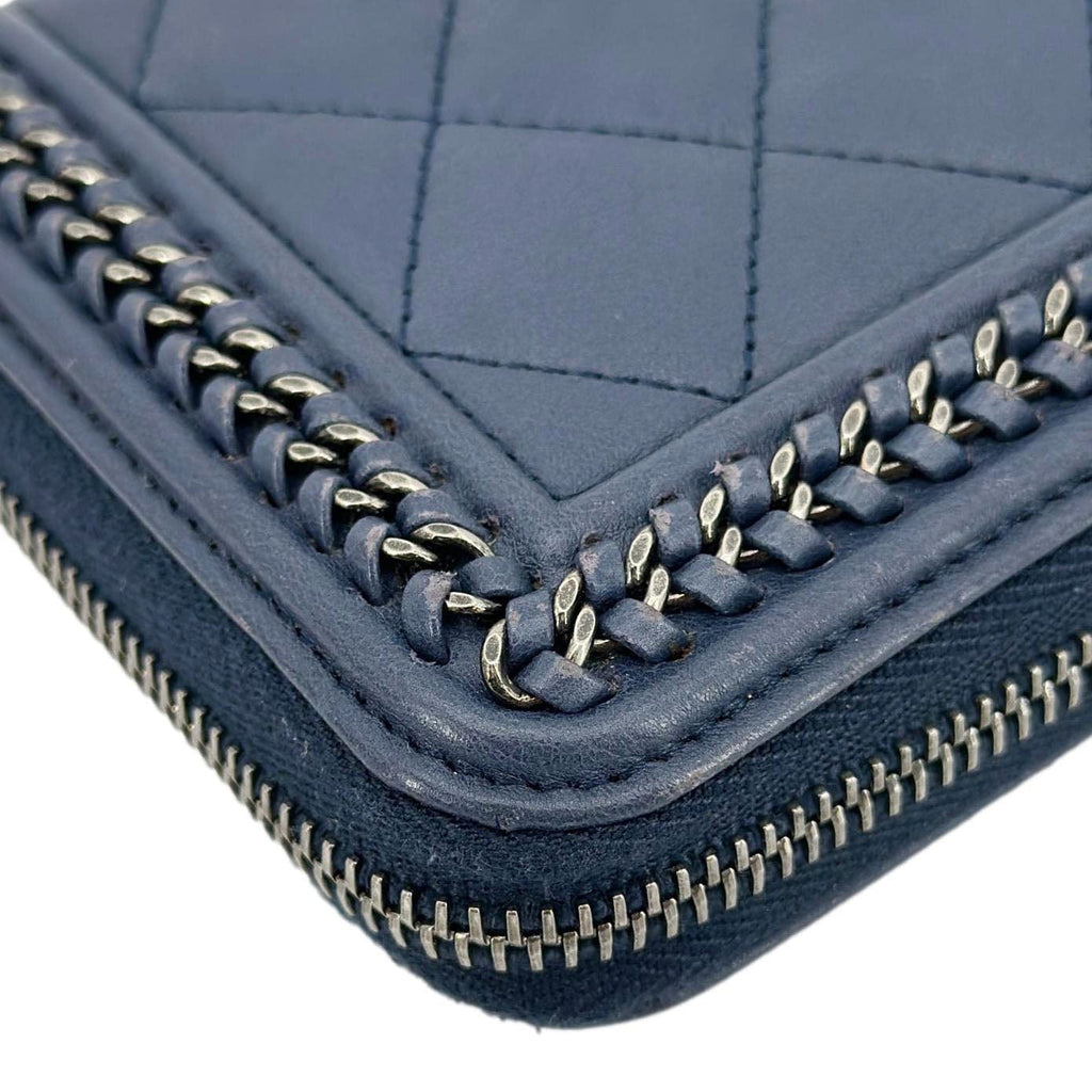 Chanel Boy Quilted Calfskin Leather Zip Around Wallet Blue