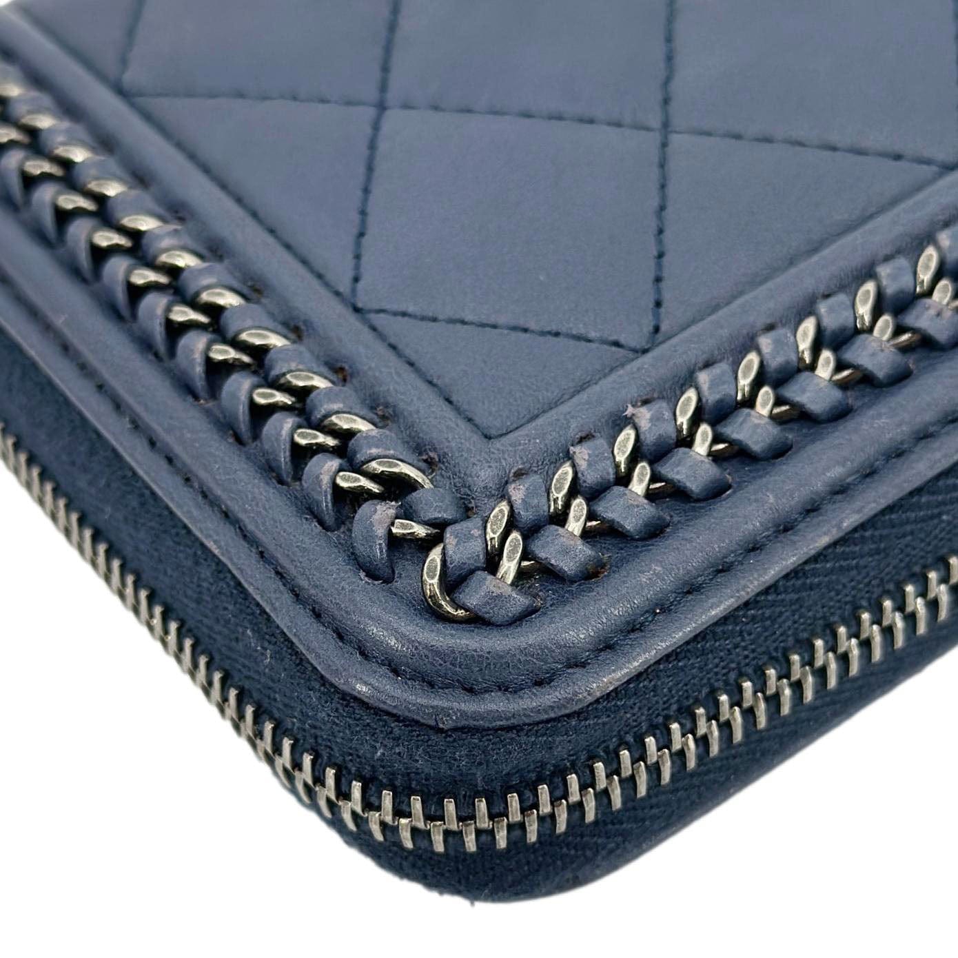 Chanel Boy Quilted Calfskin Leather Zip Around Wallet Blue