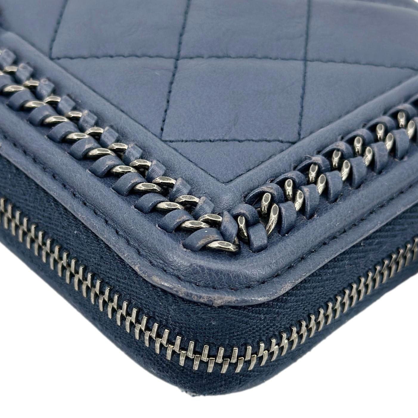 Chanel Boy Quilted Calfskin Leather Zip Around Wallet Blue
