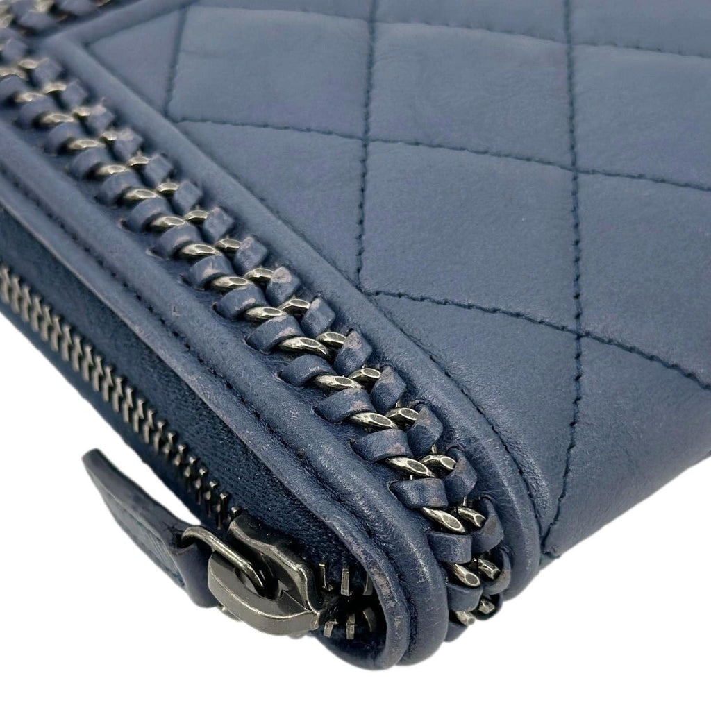 Chanel Boy Quilted Calfskin Leather Zip Around Wallet Blue