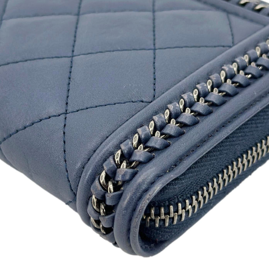Chanel Boy Quilted Calfskin Leather Zip Around Wallet Blue
