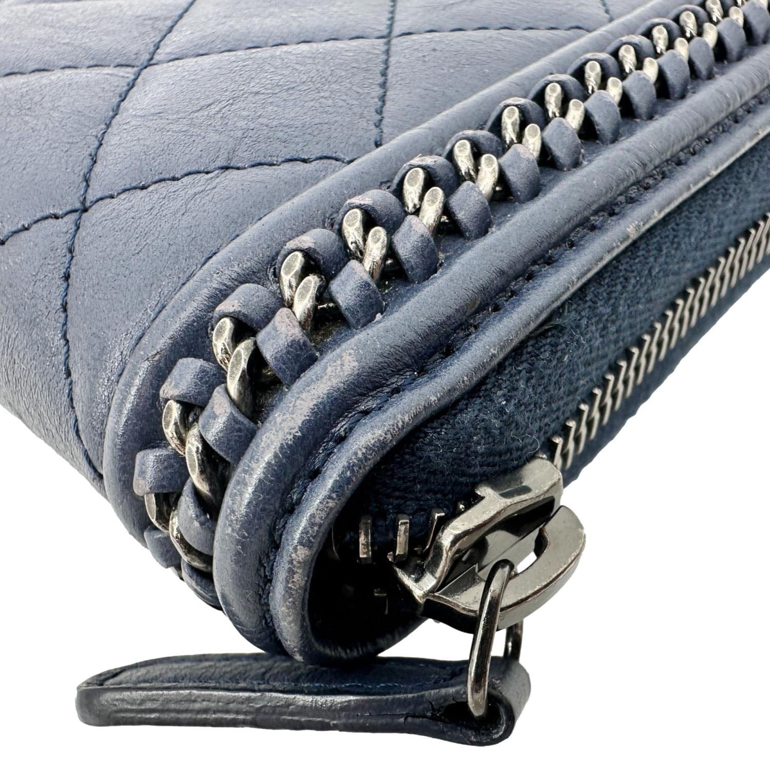 Chanel Boy Quilted Calfskin Leather Zip Around Wallet Blue