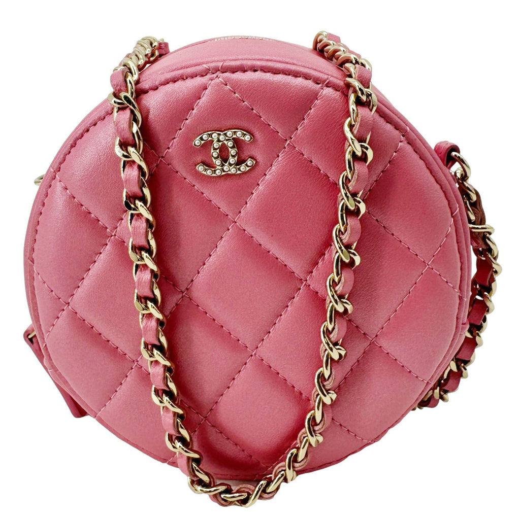 Chanel Round Pearls Quilted Leather Crossbody Bag Pink