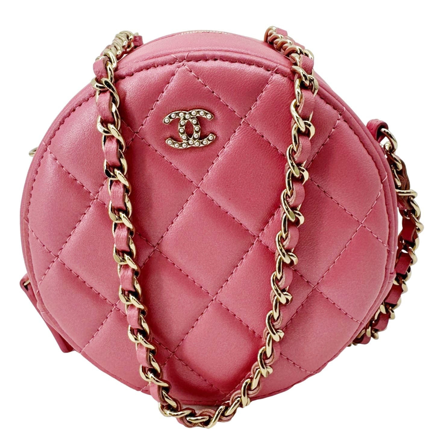 Chanel Round Pearls Quilted Leather Crossbody Bag Pink