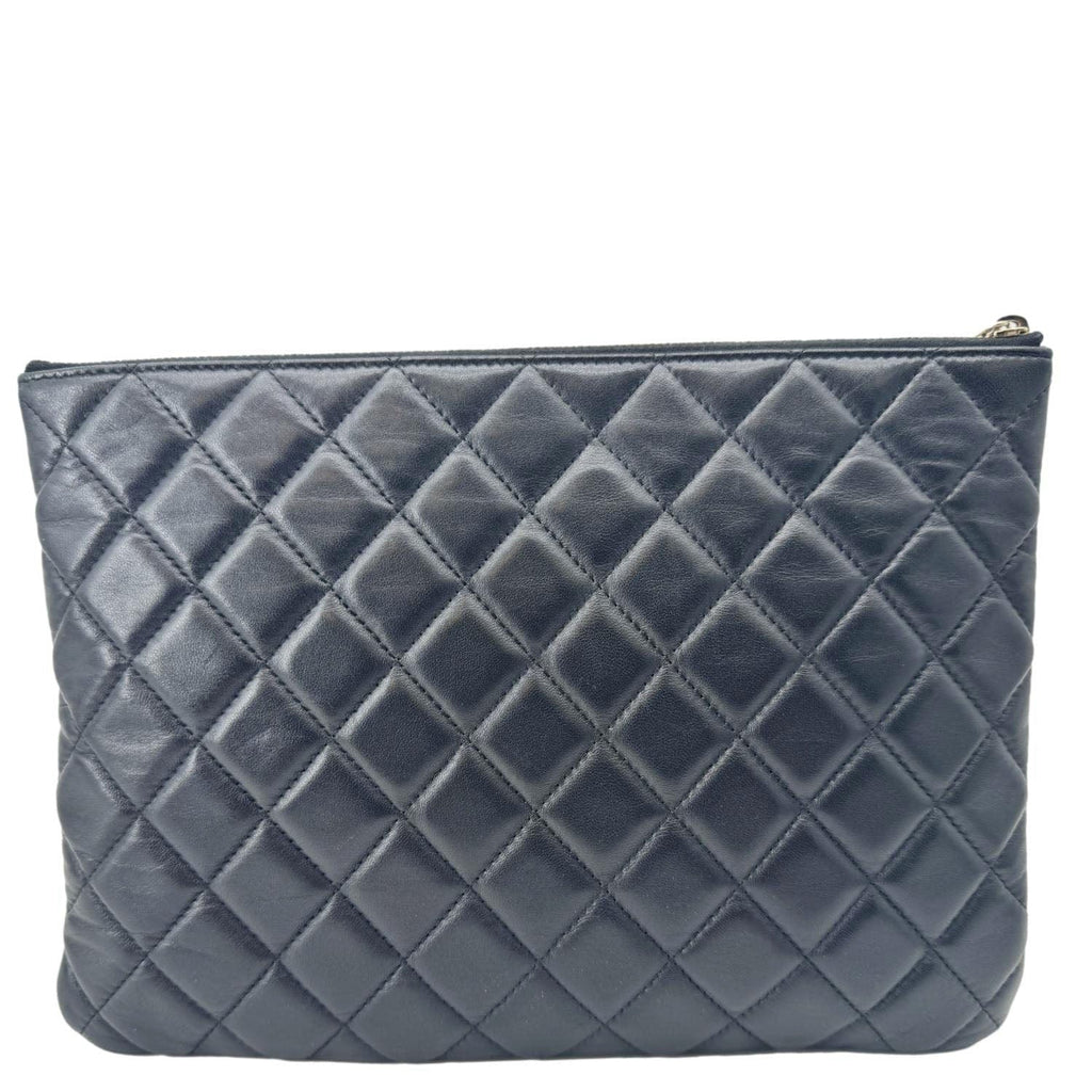 Chanel Camellia O Case Medium Quilted Leather Clutch Black