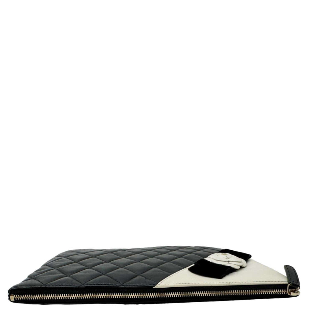 Chanel Camellia O Case Medium Quilted Leather Clutch Black