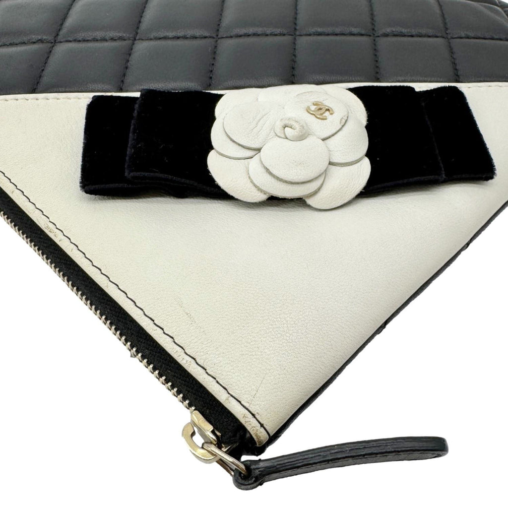 Chanel Camellia O Case Medium Quilted Leather Clutch Black