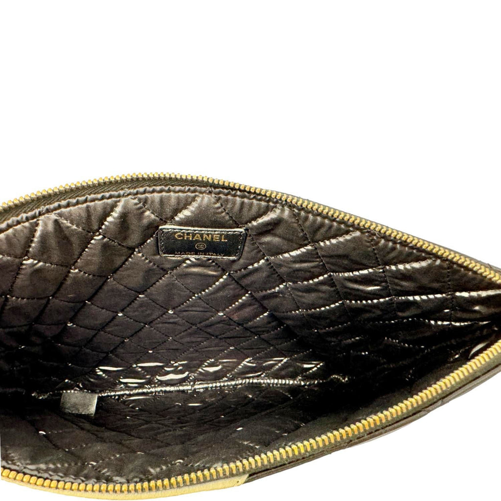 Chanel Camellia O Case Medium Quilted Leather Clutch Black
