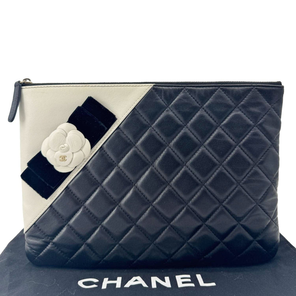 Chanel Camellia O Case Medium Quilted Leather Clutch Black
