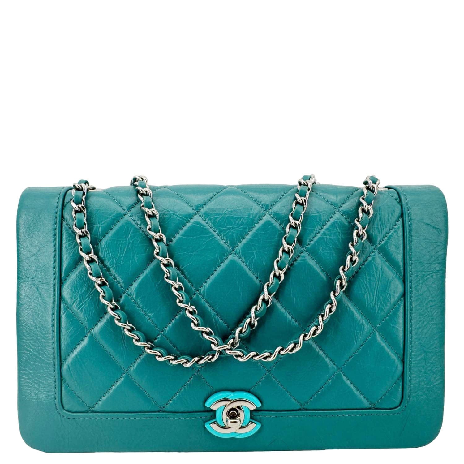 Chanel Bi  Full Flap Medium Quilted Crumpled Leather Crossbody Bag Aqua Blue