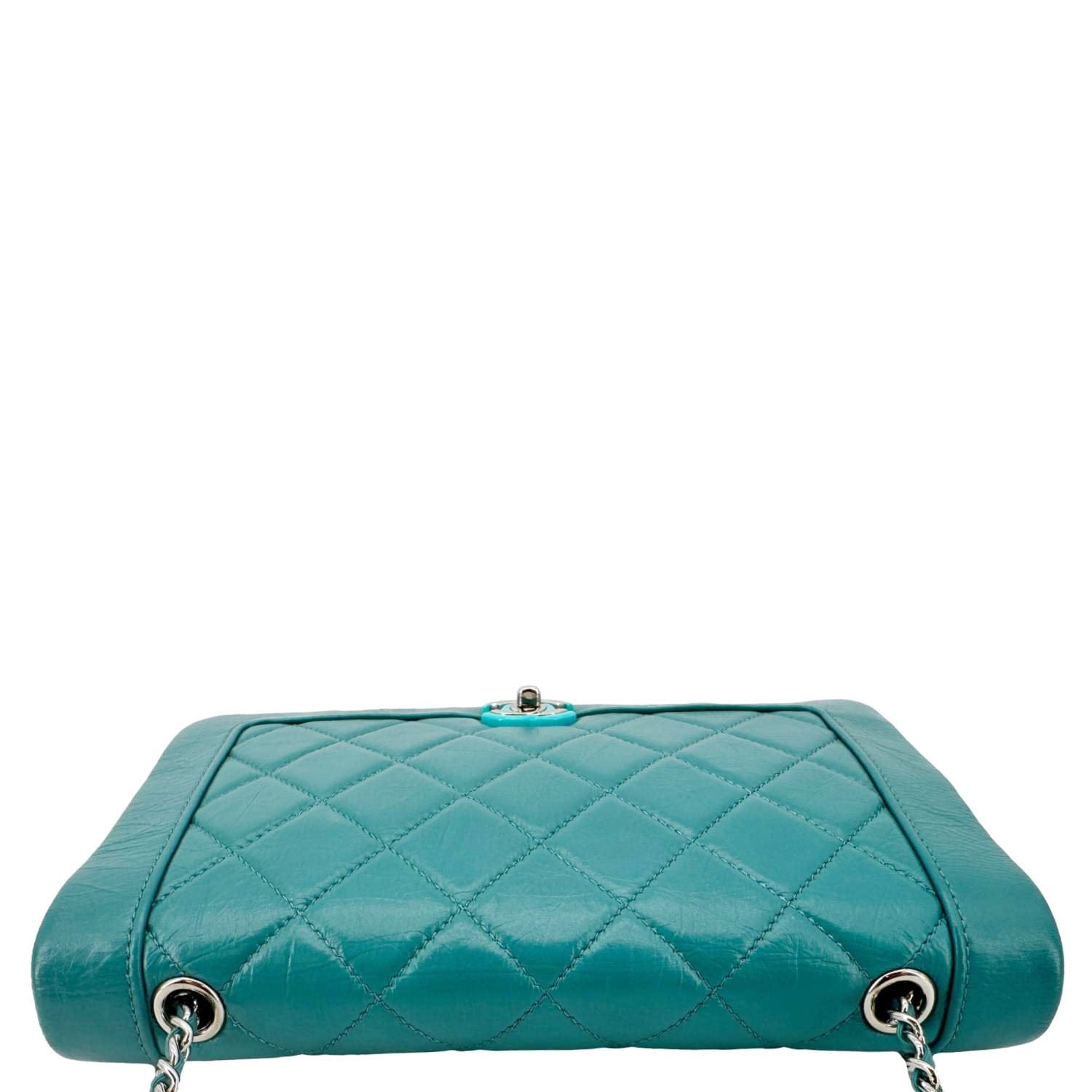Chanel Bi  Full Flap Medium Quilted Crumpled Leather Crossbody Bag Aqua Blue