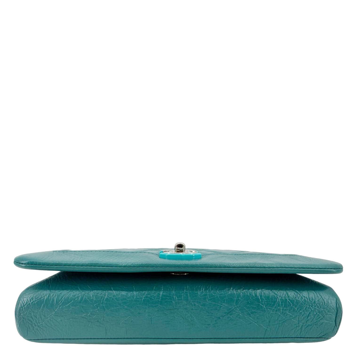 Chanel Bi  Full Flap Medium Quilted Crumpled Leather Crossbody Bag Aqua Blue