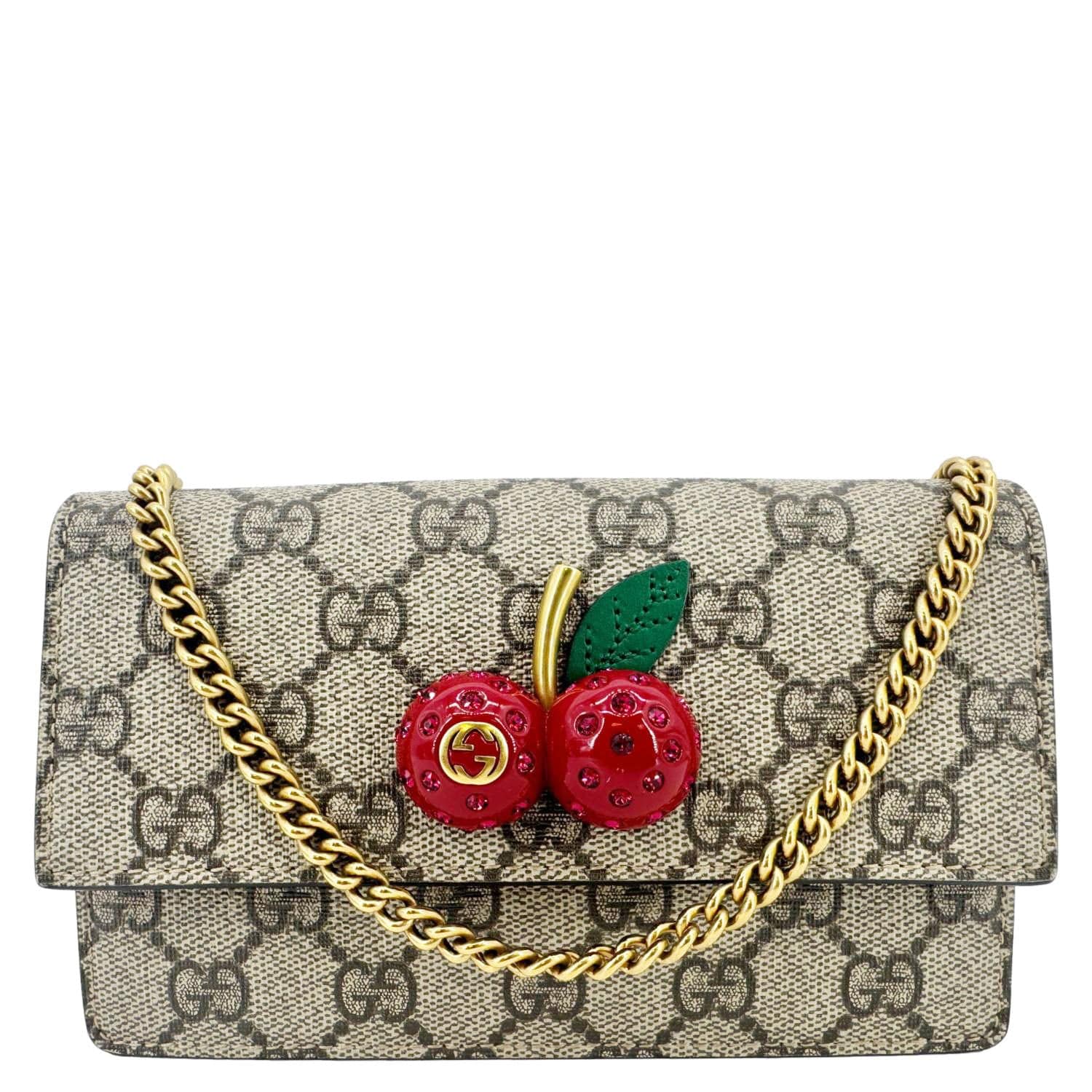 GUCCI Cherry Mini Gucci Supreme Canavs Chain Wallet Beige 481291