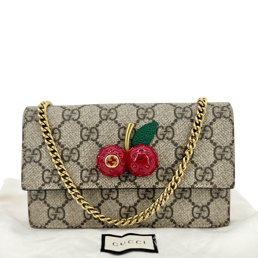 GUCCI Cherry Mini Gucci Supreme Canavs Chain Wallet Beige 481291