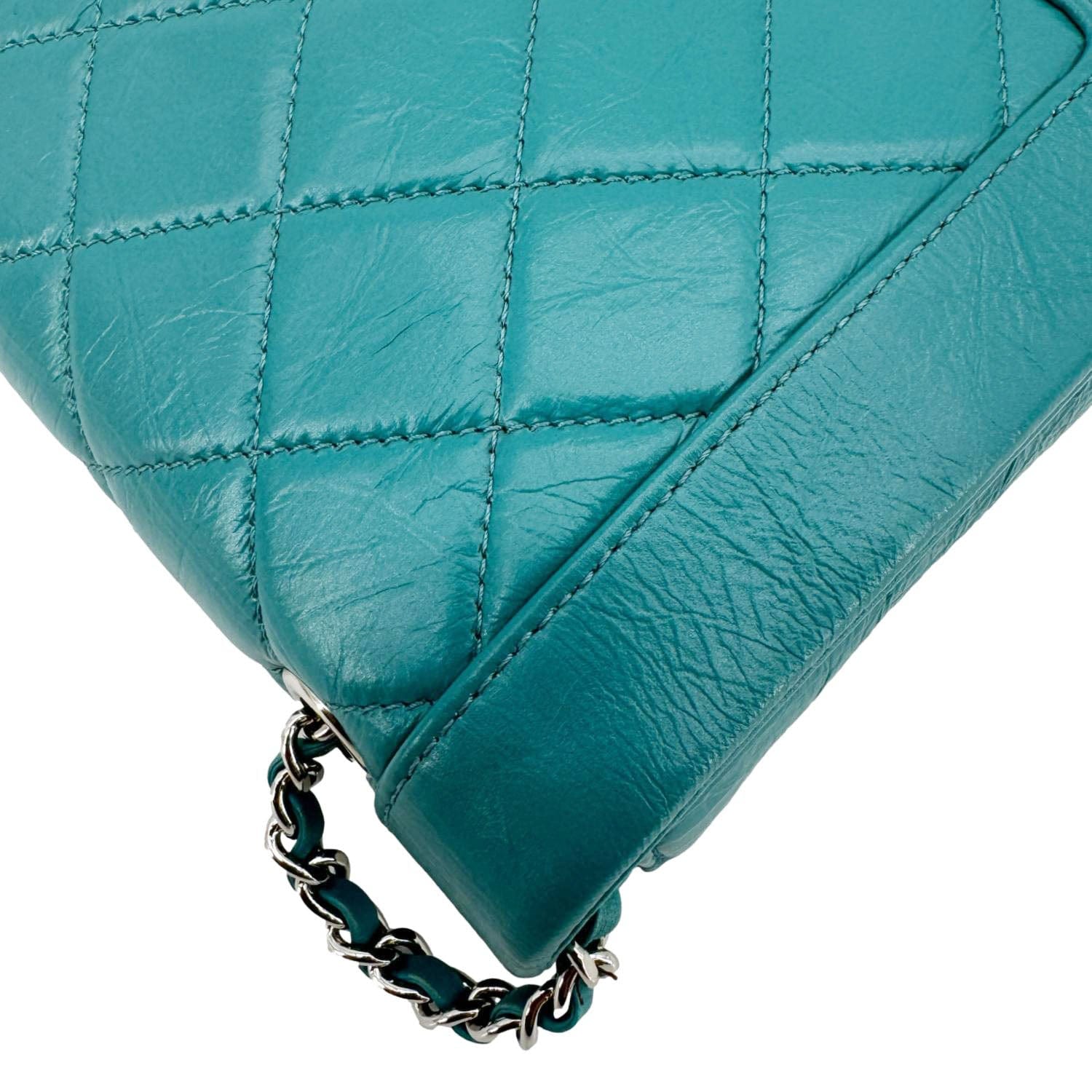 Chanel Bi  Full Flap Medium Quilted Crumpled Leather Crossbody Bag Aqua Blue