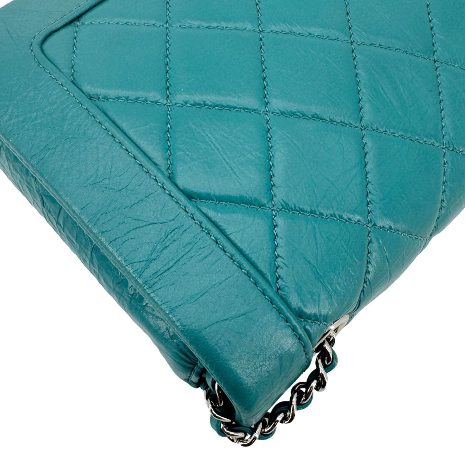 Chanel Bi  Full Flap Medium Quilted Crumpled Leather Crossbody Bag Aqua Blue