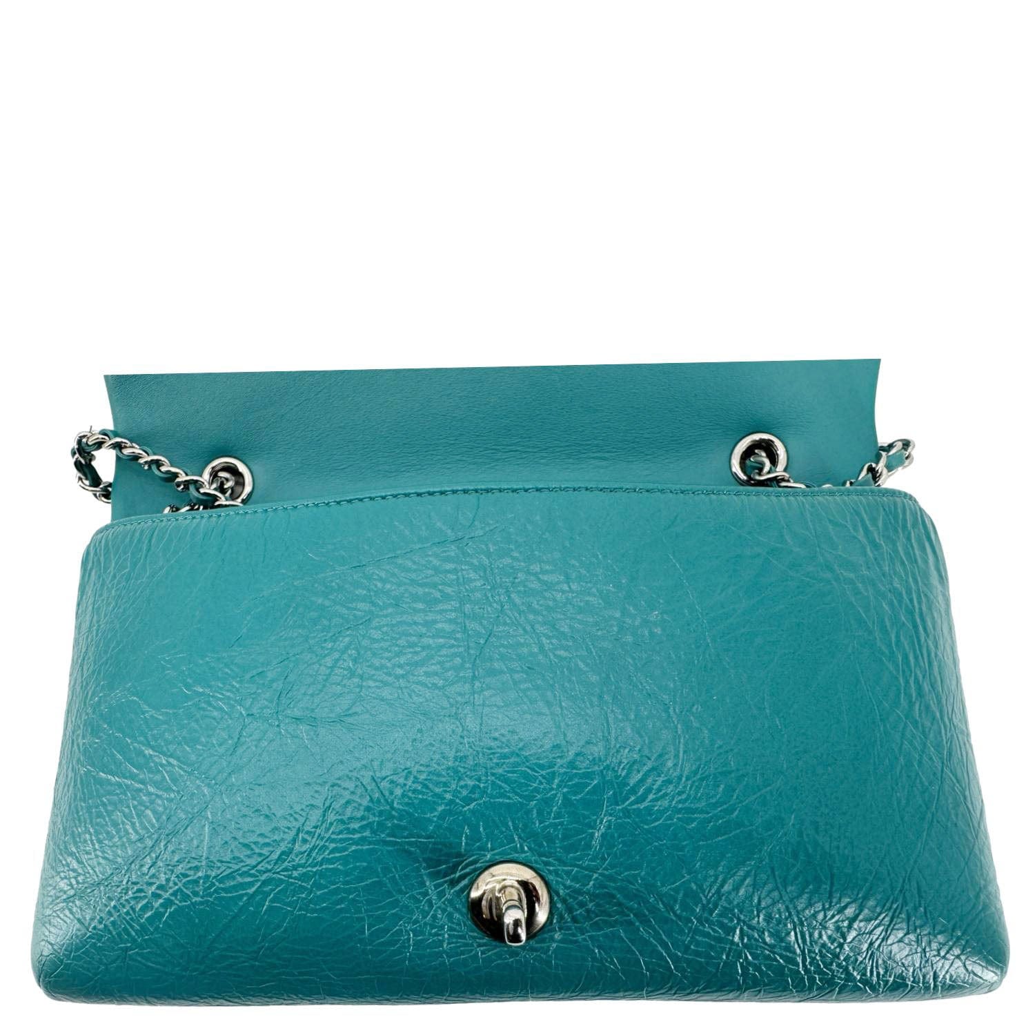 Chanel Bi  Full Flap Medium Quilted Crumpled Leather Crossbody Bag Aqua Blue