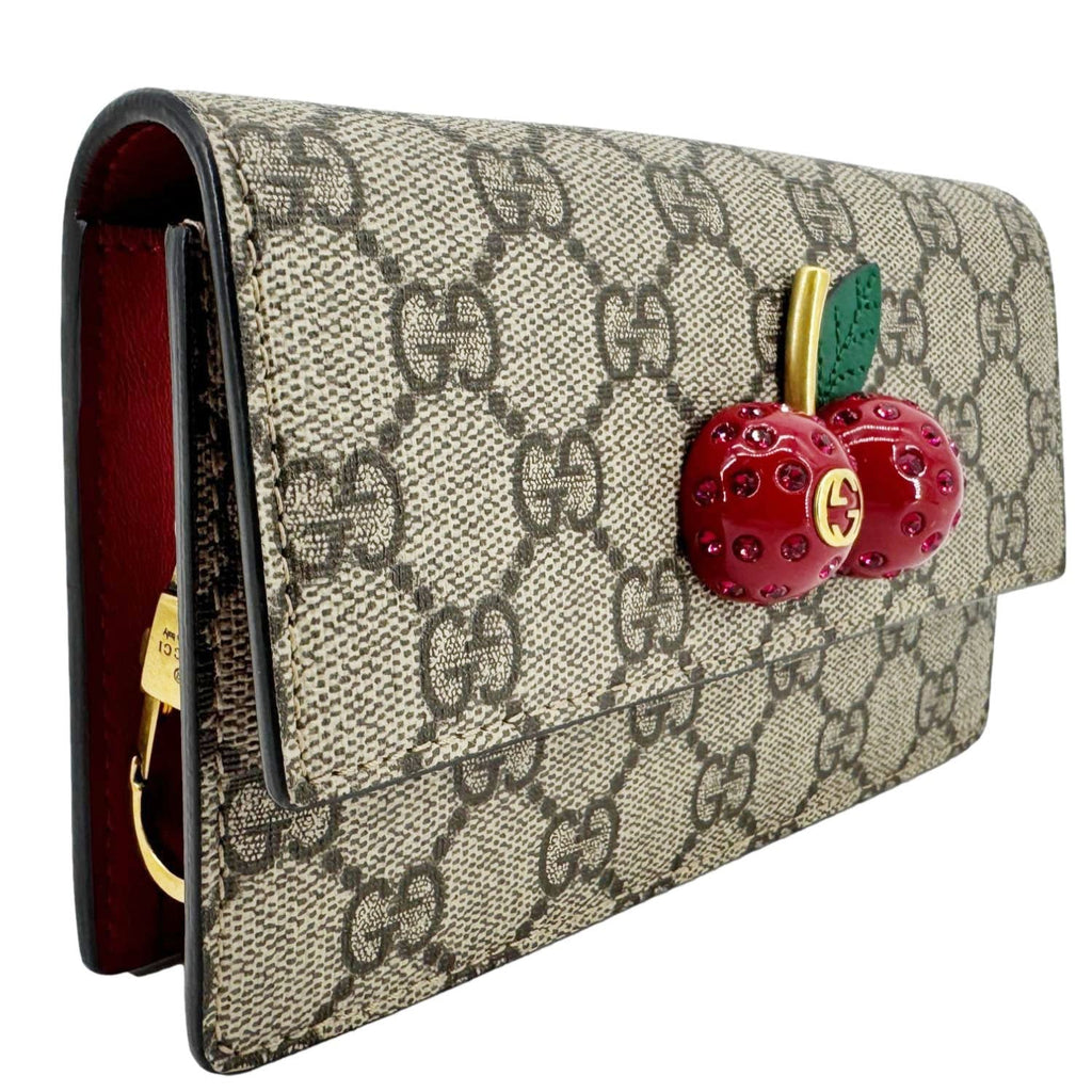 GUCCI Cherry Mini Gucci Supreme Canavs Chain Wallet Beige 481291
