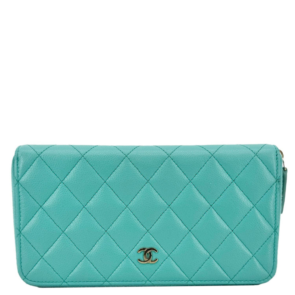 Chanel Zip Around Quilted Caviar Leather Wallet Turquoise