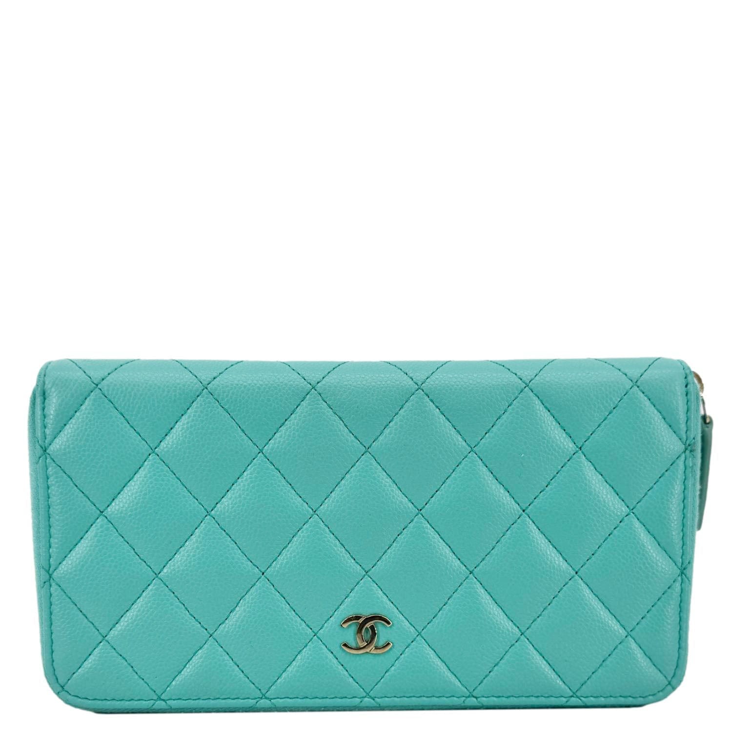 Chanel Zip Around Quilted Caviar Leather Wallet Turquoise