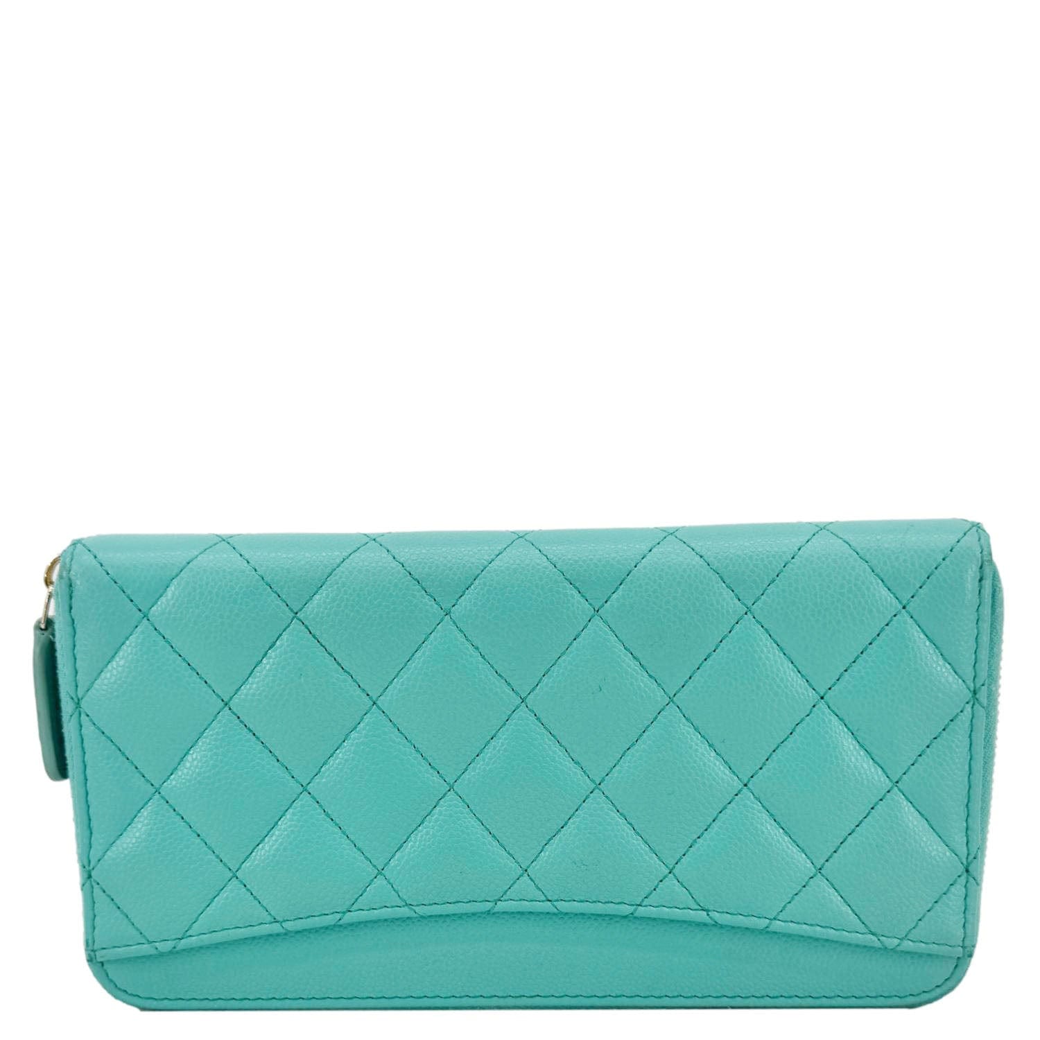Chanel Zip Around Quilted Caviar Leather Wallet Turquoise