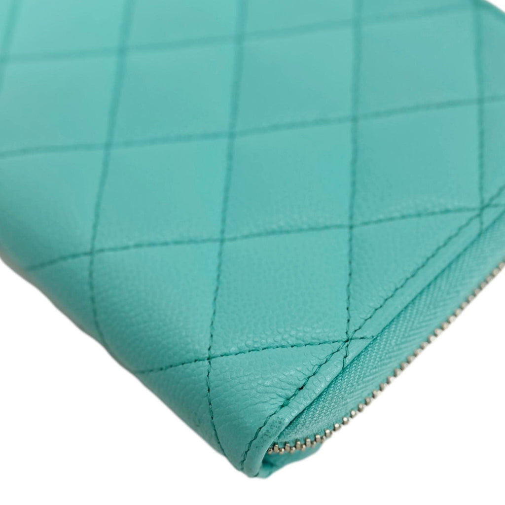 Chanel Zip Around Quilted Caviar Leather Wallet Turquoise