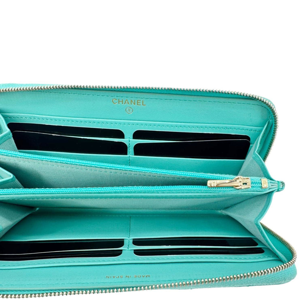 Chanel Zip Around Quilted Caviar Leather Wallet Turquoise