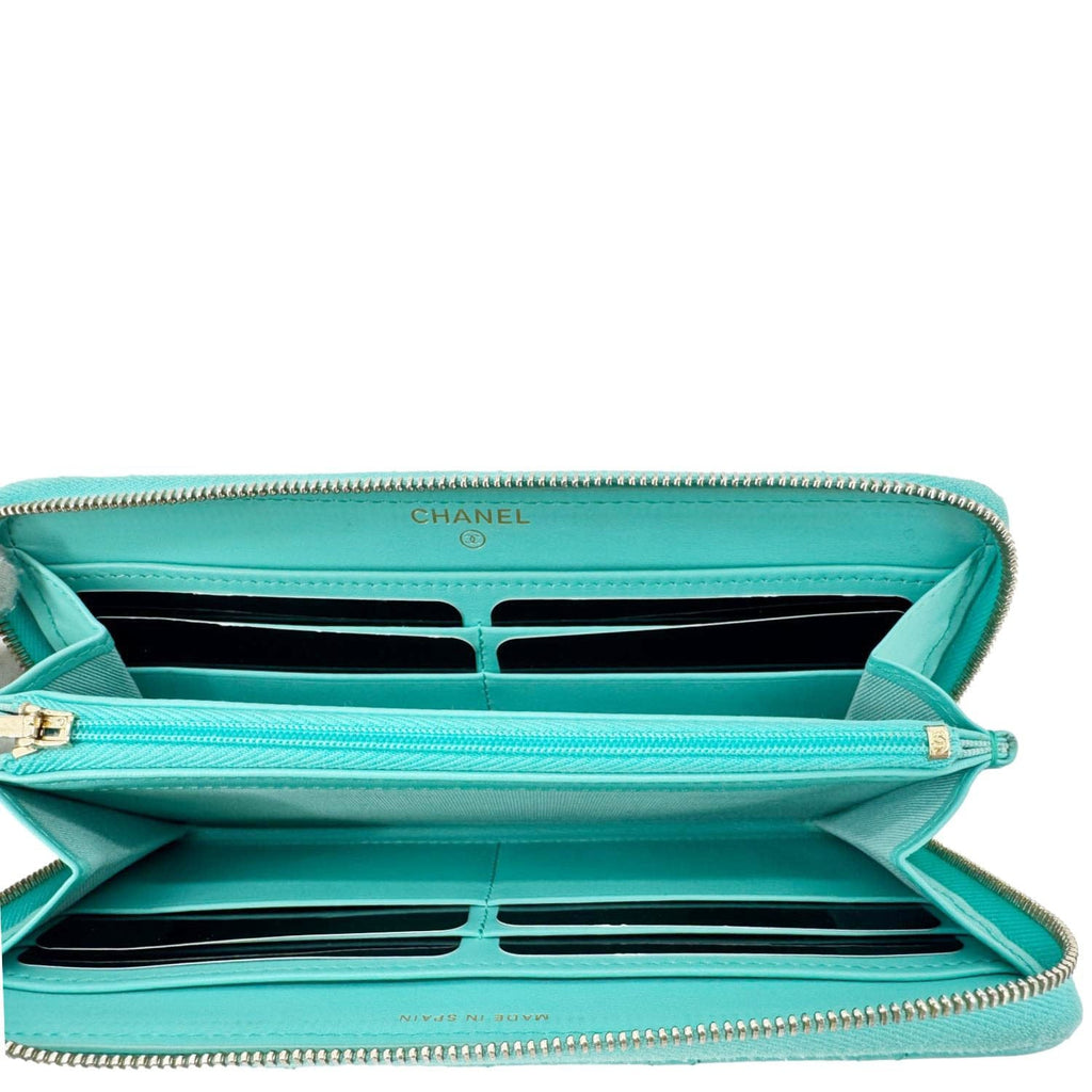 Chanel Zip Around Quilted Caviar Leather Wallet Turquoise