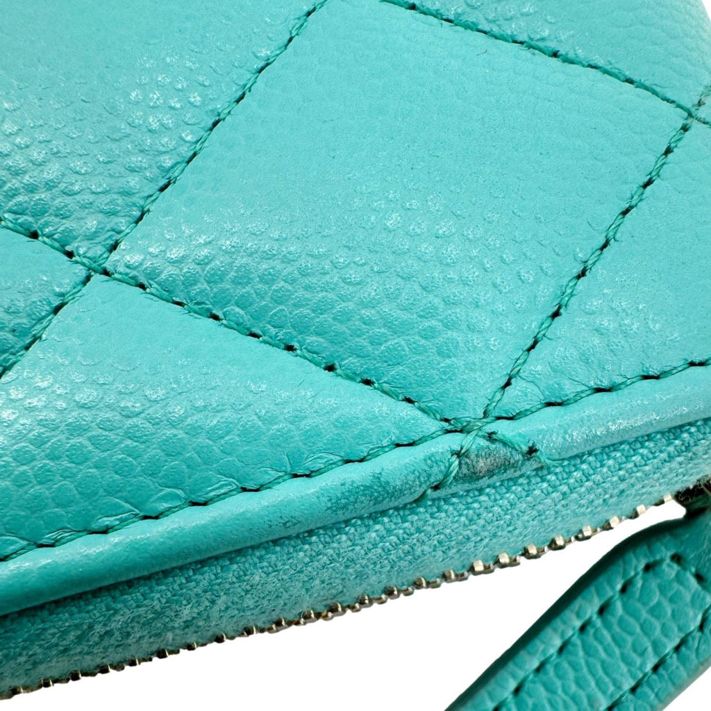 Chanel Zip Around Quilted Caviar Leather Wallet Turquoise