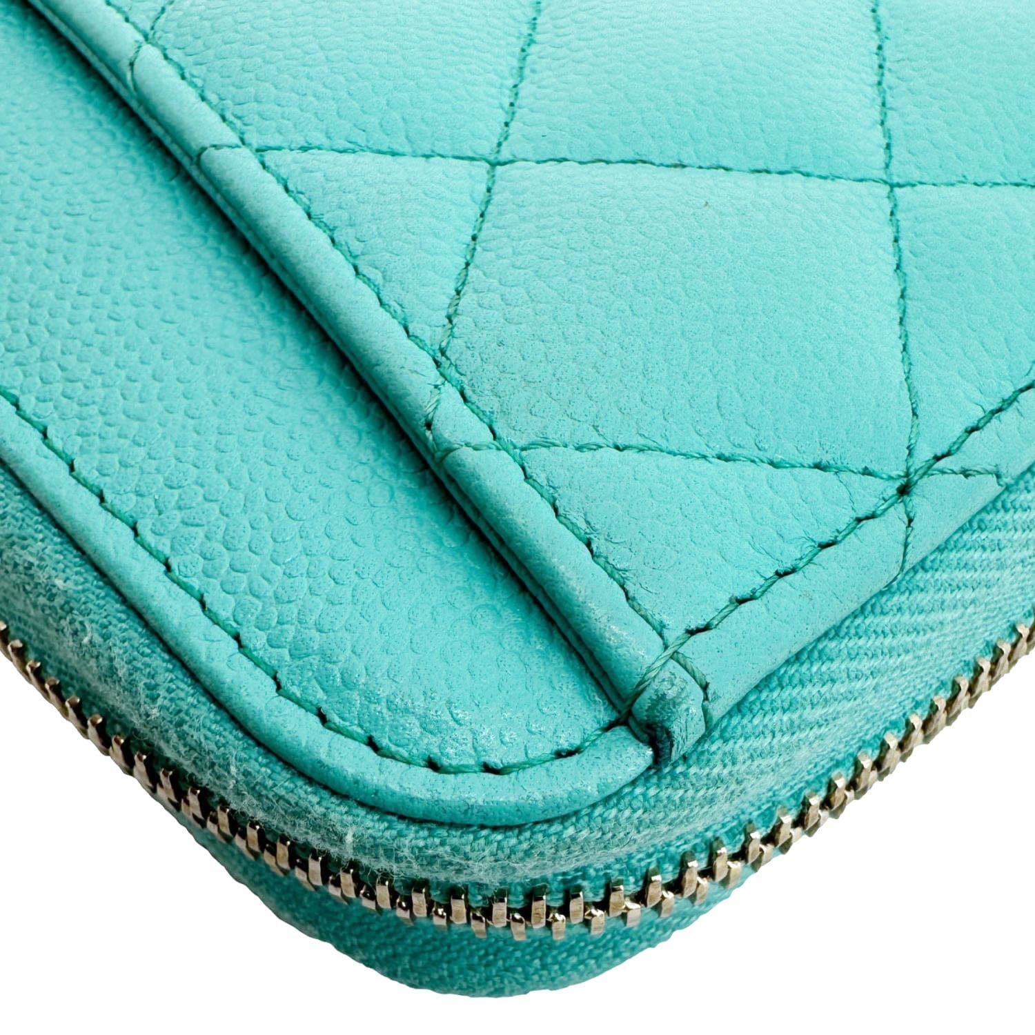 Chanel Zip Around Quilted Caviar Leather Wallet Turquoise