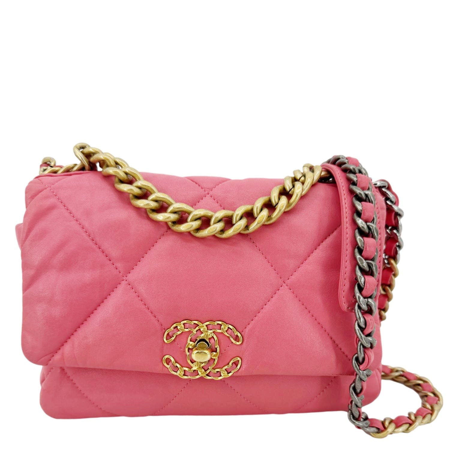 Chanel 19 Flap Large Quilted Lambskin Leather Shoulder Bag Pink