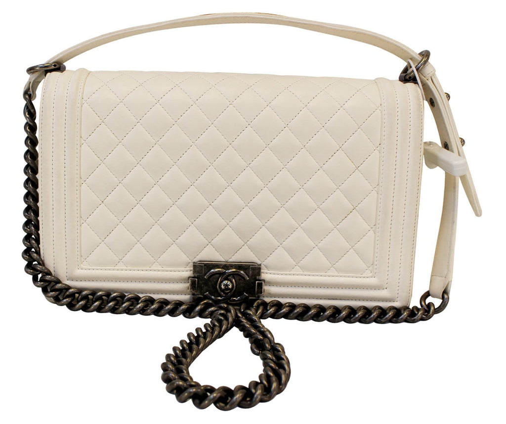 Chanel Boy Bag - CHANEL Leather White Glazed Quilted Large