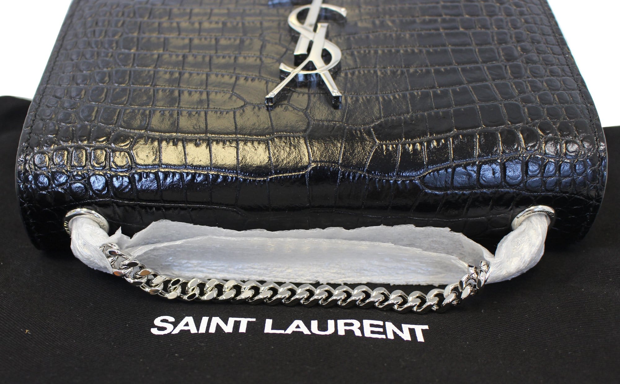 YVES SAINT LAURENT Caviar Leather Black Leather Silver Chain Clutch Crossbody Bag
