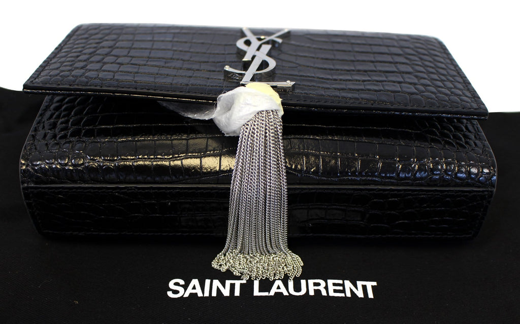 YVES SAINT LAURENT Caviar Leather Black Leather Silver Chain Clutch Crossbody Bag