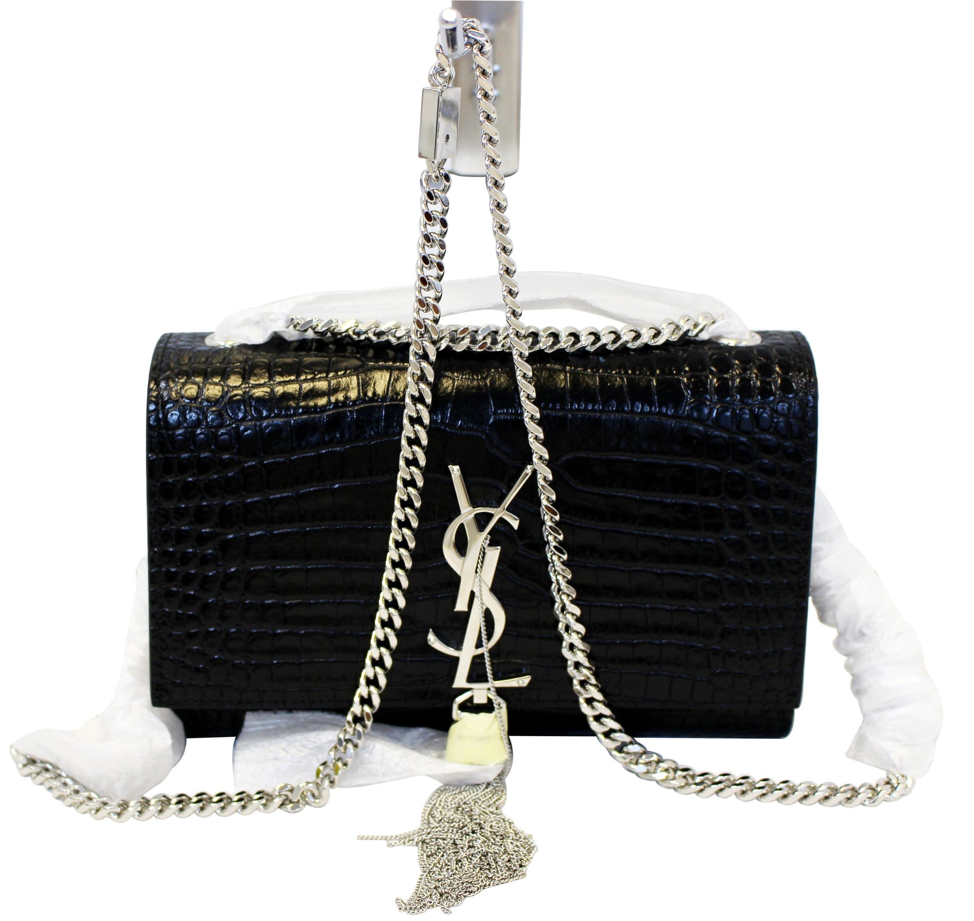 YVES SAINT LAURENT Caviar Leather Black Leather Silver Chain Clutch Crossbody Bag