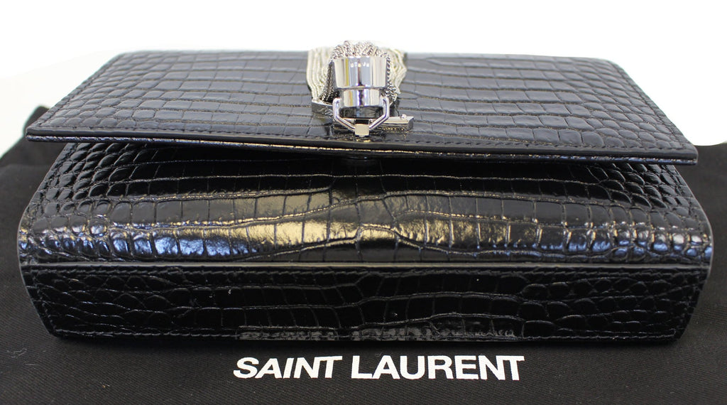 YVES SAINT LAURENT Caviar Leather Black Leather Silver Chain Clutch Crossbody Bag