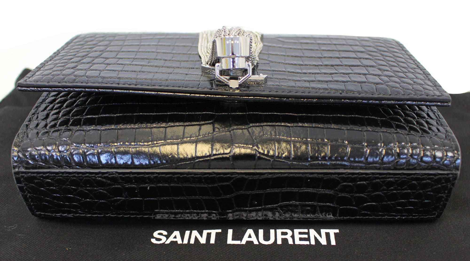 YVES SAINT LAURENT Caviar Leather Black Leather Silver Chain Clutch Crossbody Bag