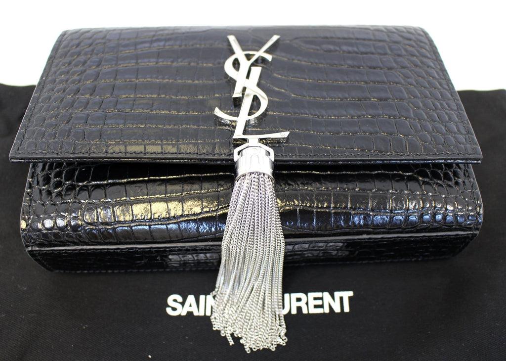 YVES SAINT LAURENT Caviar Leather Black Leather Silver Chain Clutch Crossbody Bag