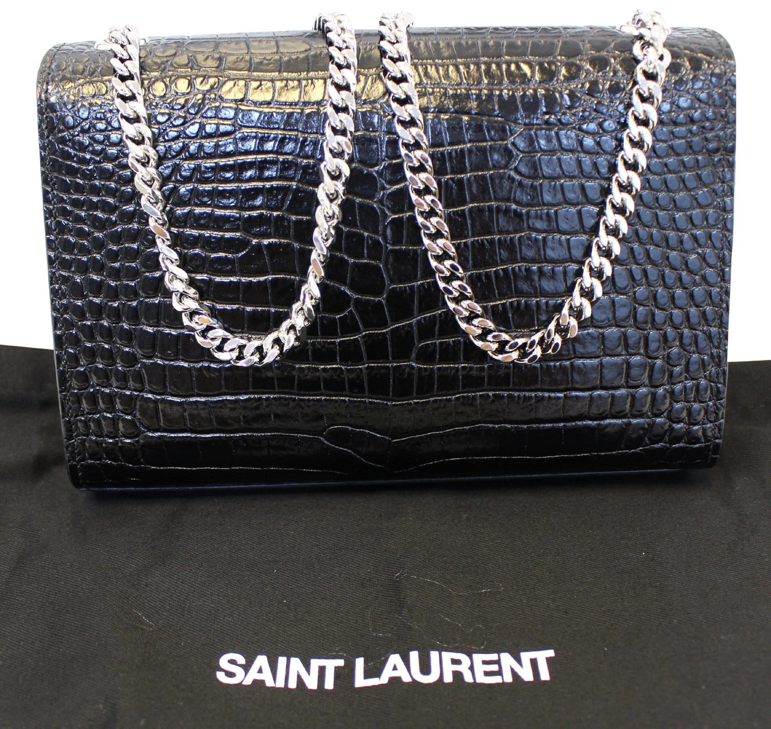 YVES SAINT LAURENT Caviar Leather Black Leather Silver Chain Clutch Crossbody Bag