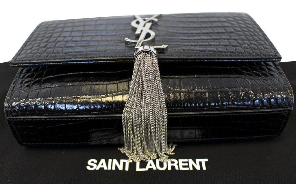 YVES SAINT LAURENT Caviar Leather Black Leather Silver Chain Clutch Crossbody Bag
