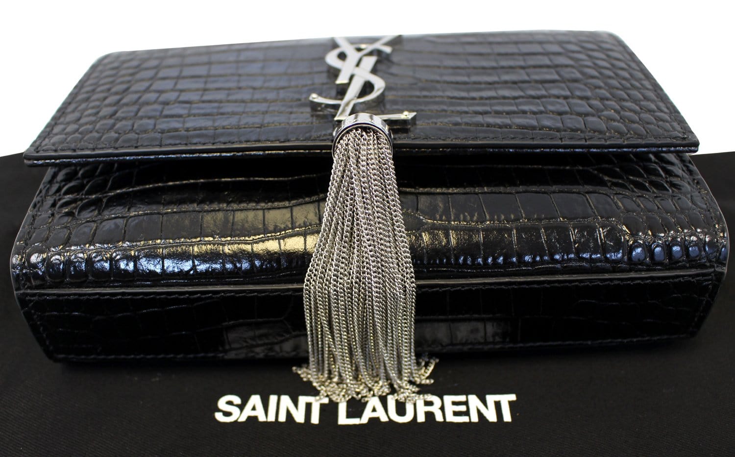 YVES SAINT LAURENT Caviar Leather Black Leather Silver Chain Clutch Crossbody Bag