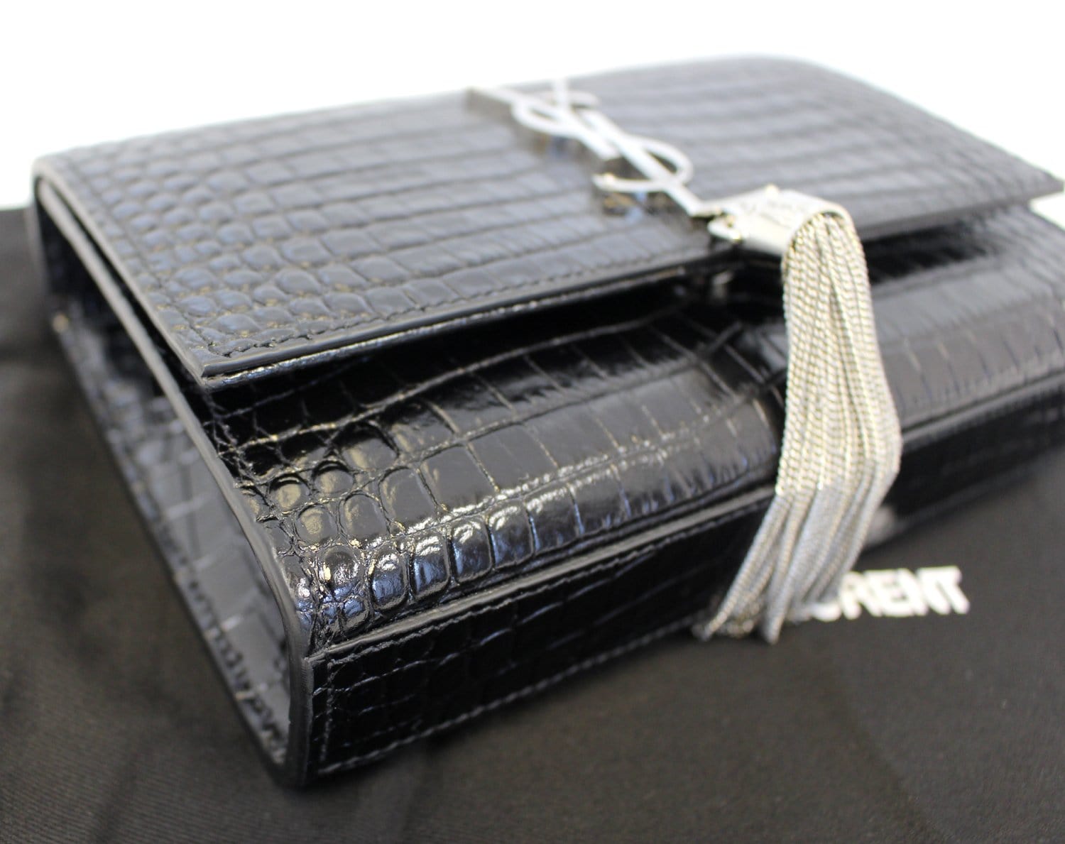 YVES SAINT LAURENT Caviar Leather Black Leather Silver Chain Clutch Crossbody Bag