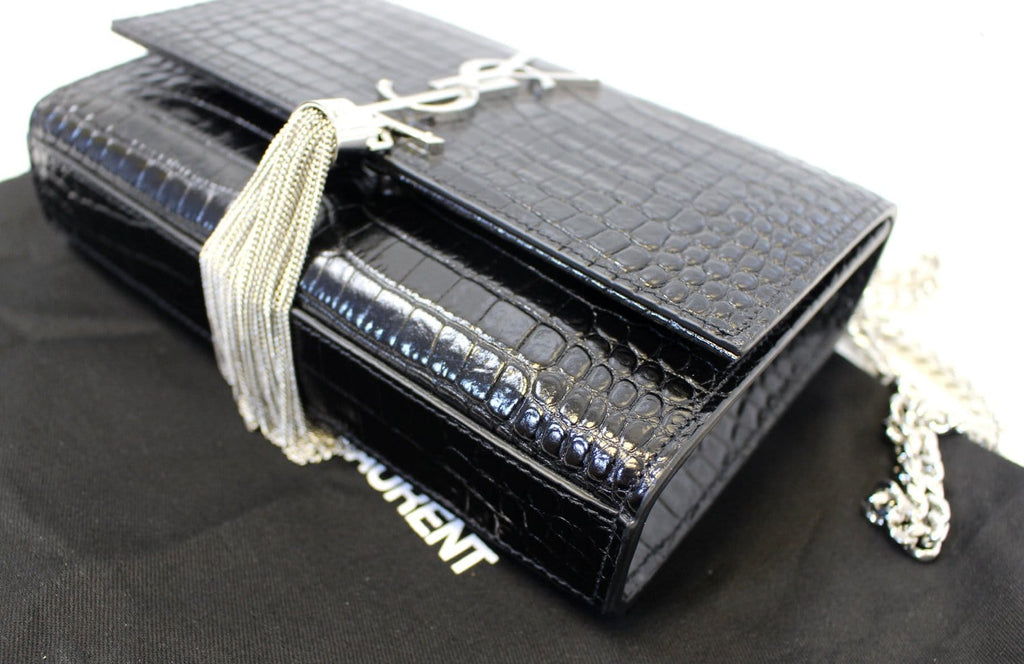 YVES SAINT LAURENT Caviar Leather Black Leather Silver Chain Clutch Crossbody Bag