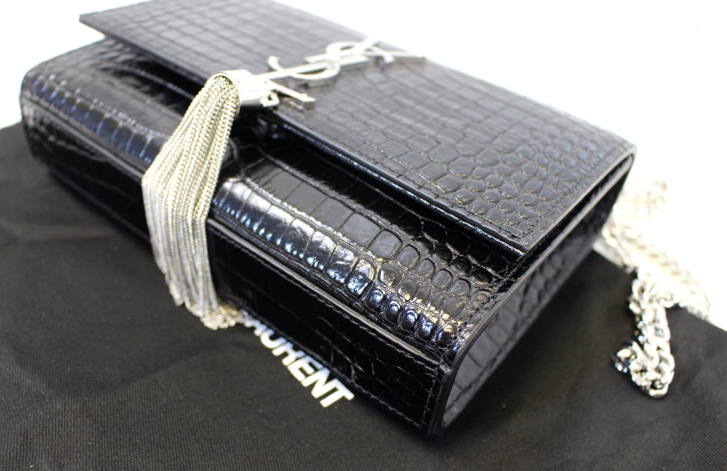 YVES SAINT LAURENT Caviar Leather Black Leather Silver Chain Clutch Crossbody Bag