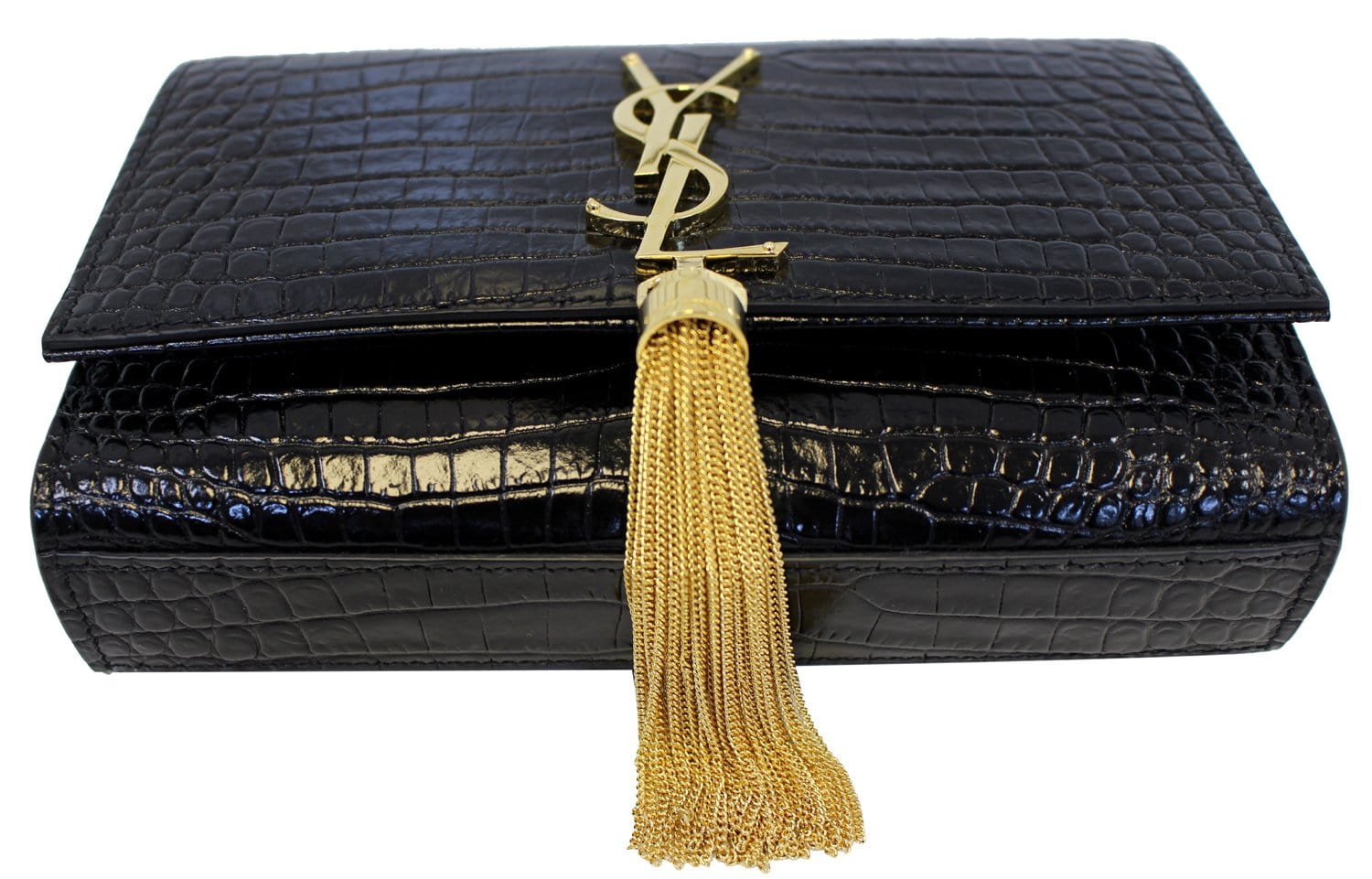 YVES SAINT LAURENT Caviar Leather Black Leather Gold Chain Clutch Crossbody Bag