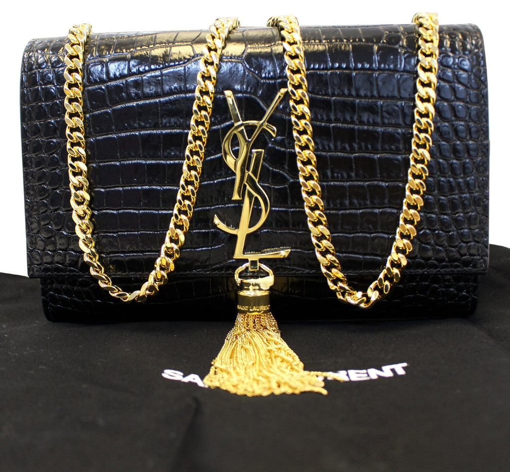YVES SAINT LAURENT Caviar Leather Black Leather Gold Chain Clutch Crossbody Bag