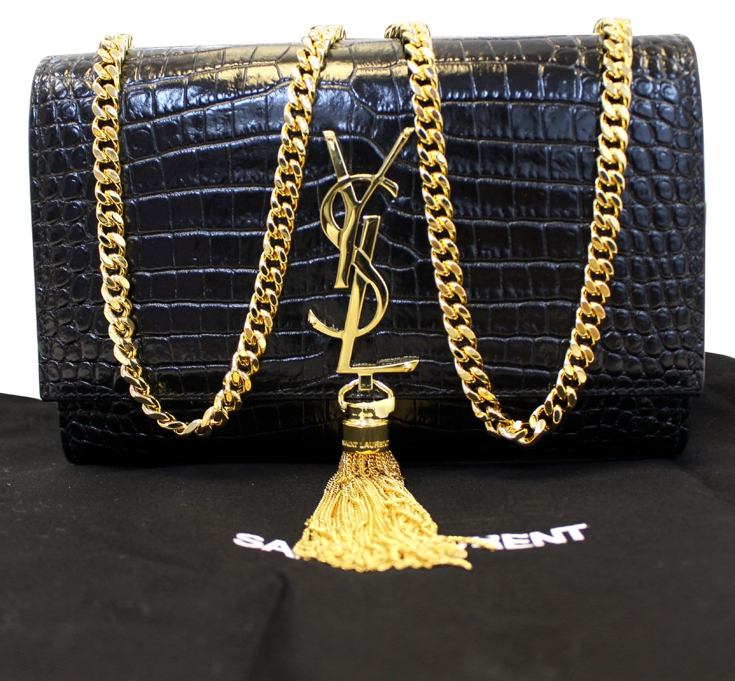 YVES SAINT LAURENT Caviar Leather Black Leather Gold Chain Clutch Crossbody Bag