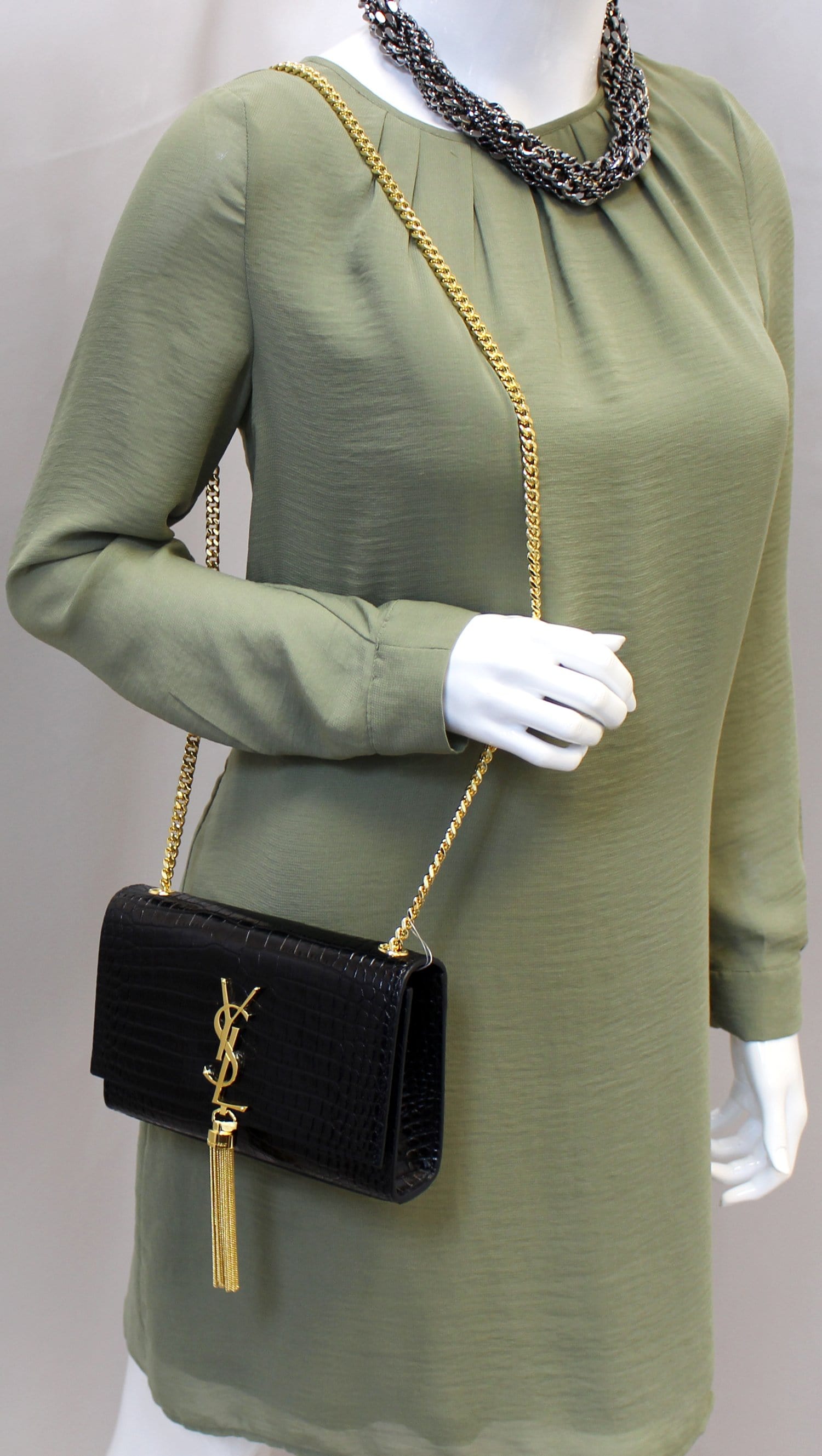 YVES SAINT LAURENT Caviar Leather Black Leather Gold Chain Clutch Crossbody Bag
